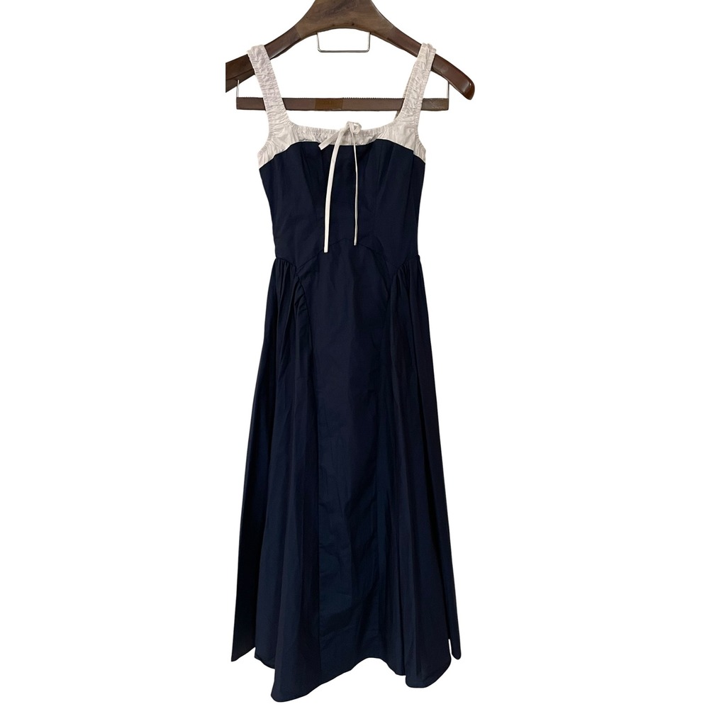 Moon River Blue White Smocked Fit Flare Midi Dress Cotton Milkmaid Cottage XS - Picture 8 of 16